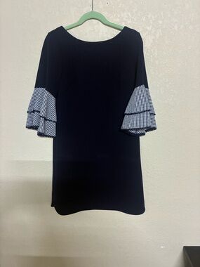 Navy Shift Dress with Gingham Ruffle Sleeves